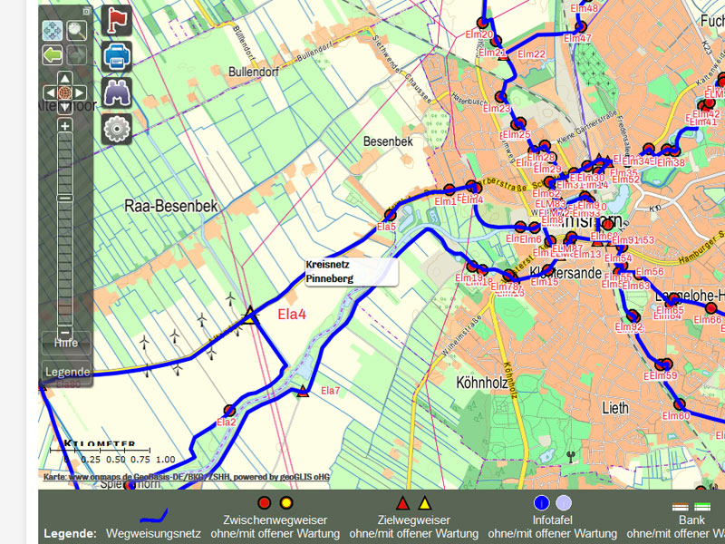 Sowohl der Schild-Standort als auch die Route werden im digitalen Kataster für Wegweisung angezeigt.