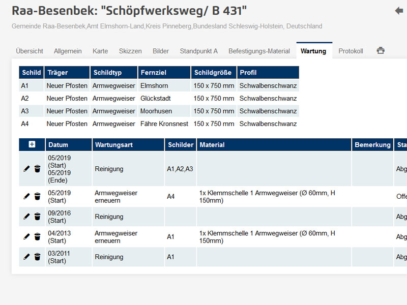 Die Wartungsfunktion des digitalen Schilderkatasters ist ein sehr wichtiges Werkzeug zur Qualitätssicherung der Beschilderung und ermöglicht das standortgenaue Vergeben von Wartungsarbeiten.